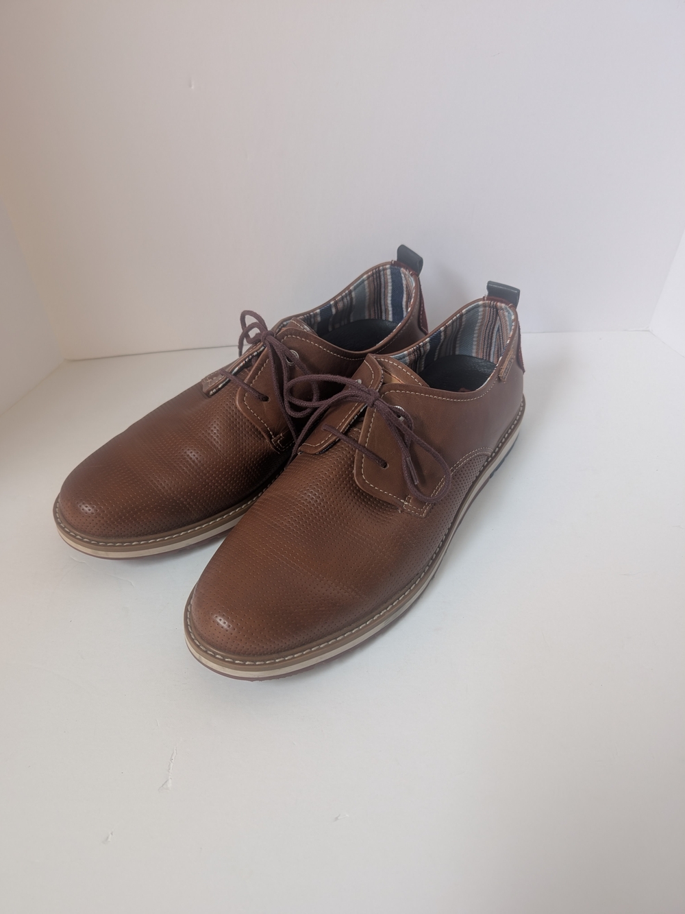 Pikolinos Mens Brown Perforated Leather Derby Oxford Shoes Blue Stripe Lining